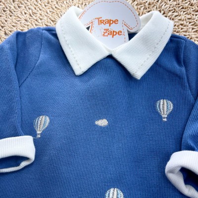  Macacão Tricotil (Tricot 100% Algodão) com Gola e Bordado - Balões - Azul Jeans 